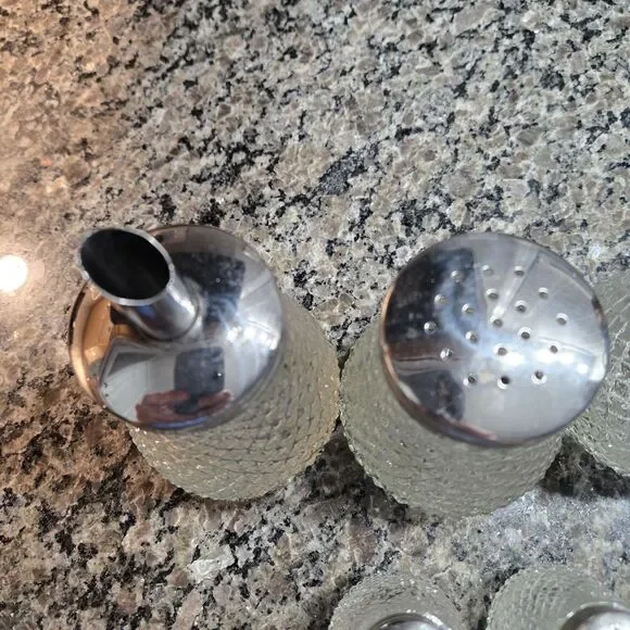 Vintage 5 pcs diamond point pressed glass table service set. Salt, pepper, syrup - Picture 9 of 12